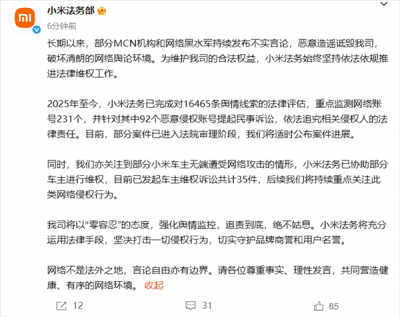 协助被网暴车主维权！小米法务部公布侵权案件进展