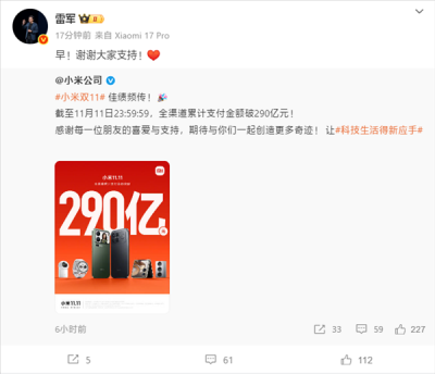 小米双11销售额破290亿！雷军：谢谢大家支持