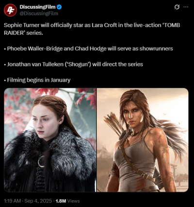 亚马逊真人剧集《古墓丽影》宣布2026年1月开拍：劳拉饰演者确认