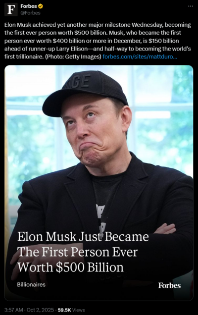 特斯拉市值一夜大涨！马斯克个人财富达5000亿美元 历史第一人