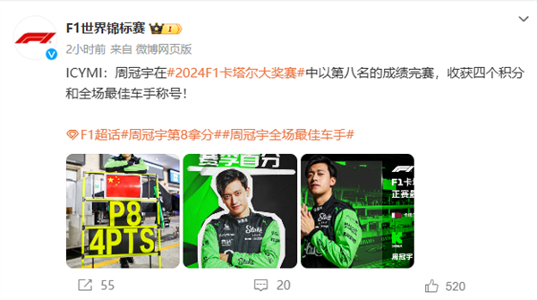 中国首位F1车手 卡塔尔站周冠宇全场最佳:首次拿分!