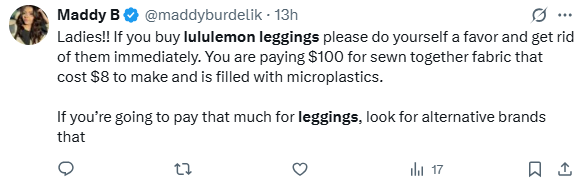 美国网友激烈争论：100美元的Lululemon紧身裤成本究竟多少钱
