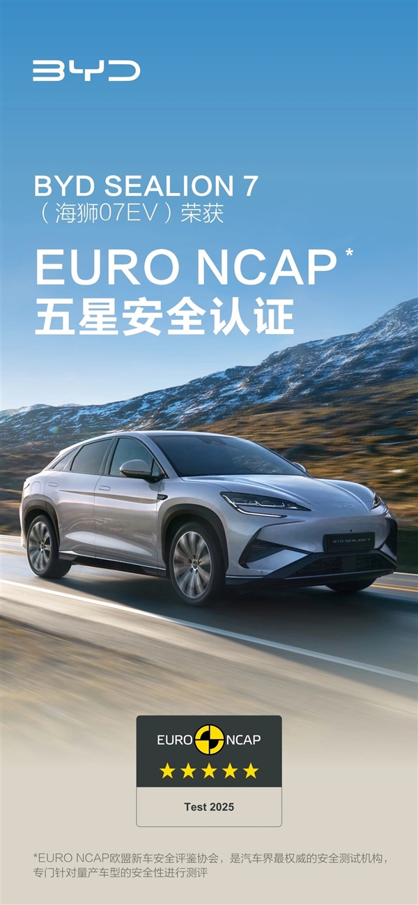 比亚迪首款全工况海外测试车型：海狮07EV获双五星安全认证