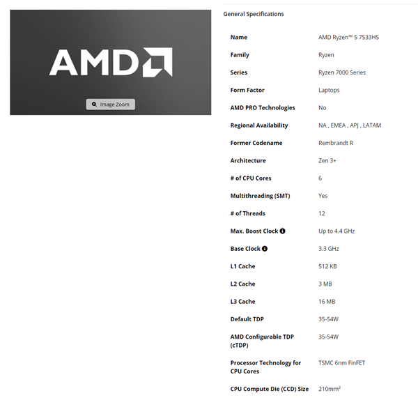 Zen3+突然出现!AMD低调发布锐龙5 7533HS:第一款3字尾型号