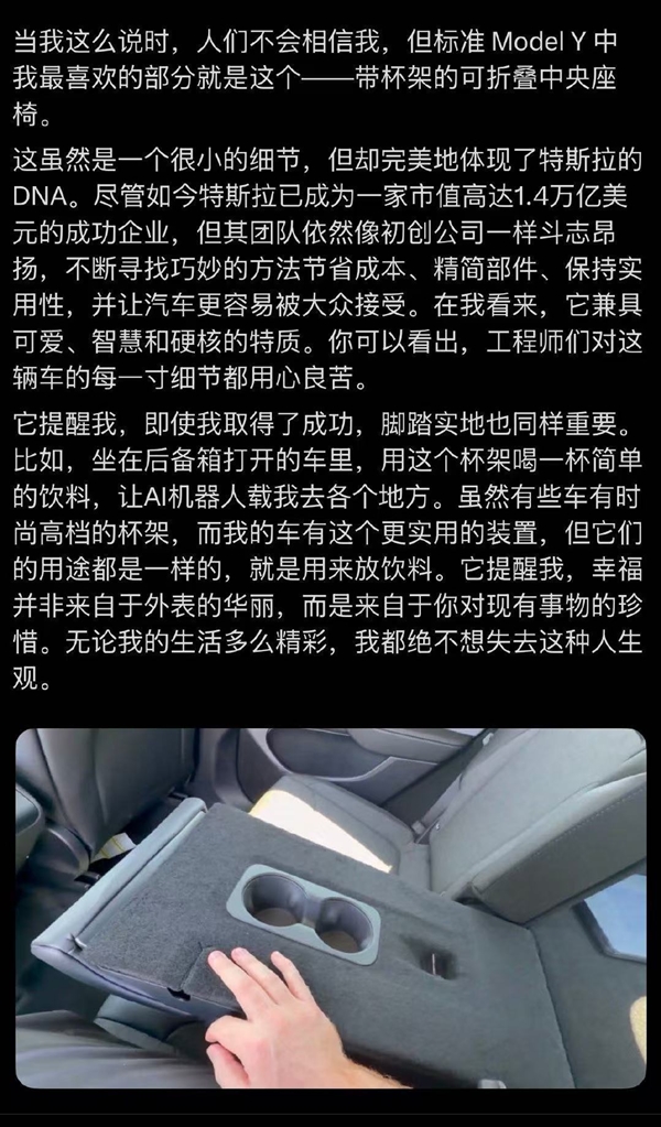 完美体现特斯拉DNA！网友从廉价版Model Y后排杯架悟出人生哲理