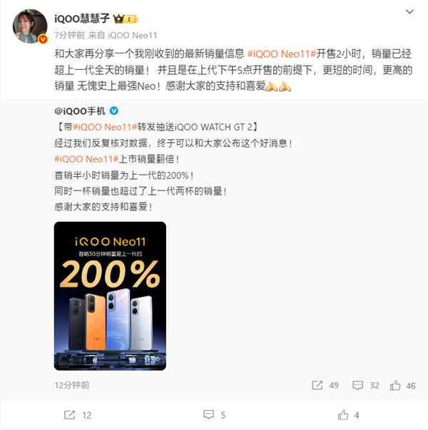 2599元起同档唯一2K屏骁龙8E旗舰!iQOO Neo11首销半小时销量翻倍
