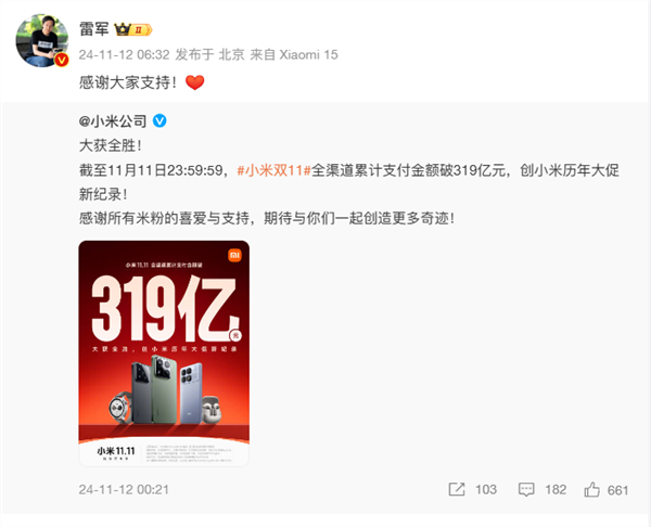 小米双11销售额破290亿!雷军:谢谢大家支持