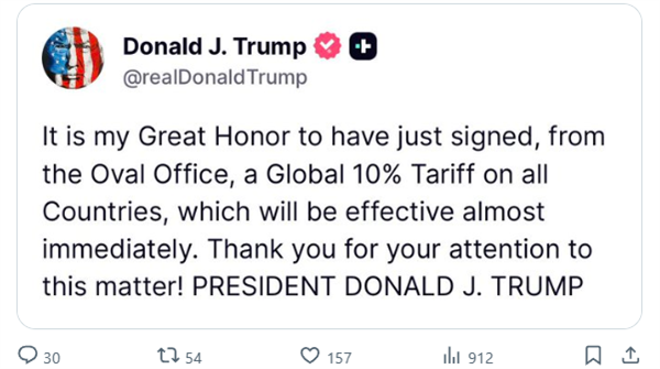 特朗普宣布将对全球加征10%的进口关税:为还击美最高法院裁定其关税违法