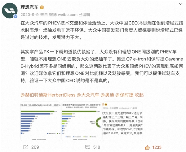 理想高管：恭喜大众成功量产“过时、不环保、潜力不大”的增程技术