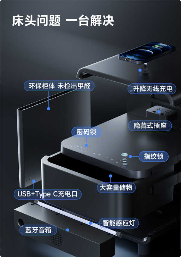 抵5件家具 8H智能床头柜发布:带指纹保险柜还能连米家APP