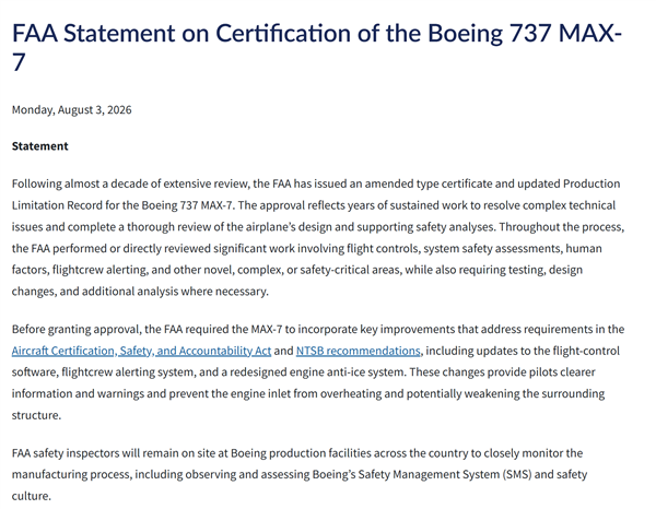 等了8年!波音737 MAX 7终于拿到FAA适航证 但产线仍有安全员监工