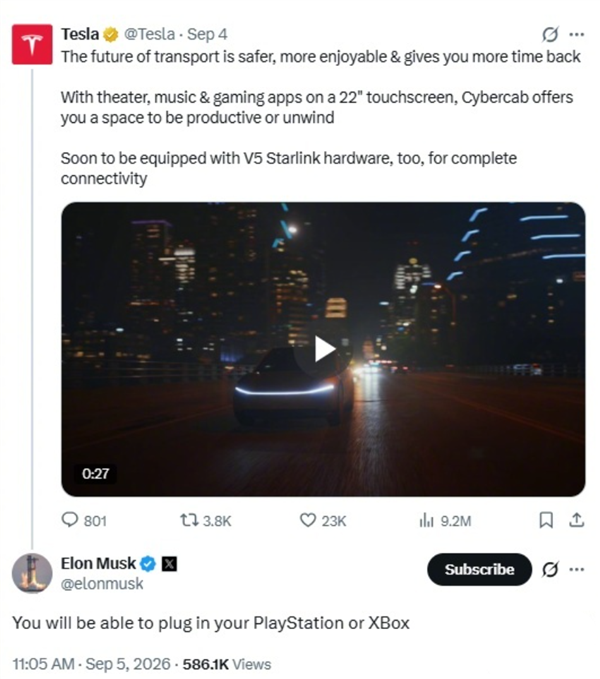 能在车里打游戏！马斯克透露：特斯拉Cybercab未来可连接PS和Xbox